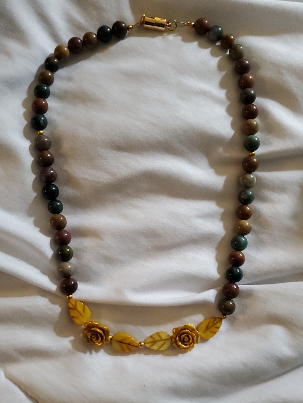 Magnetic Clasp Handcrafted Multicolor Stone Necklace with Gold Floral Accents